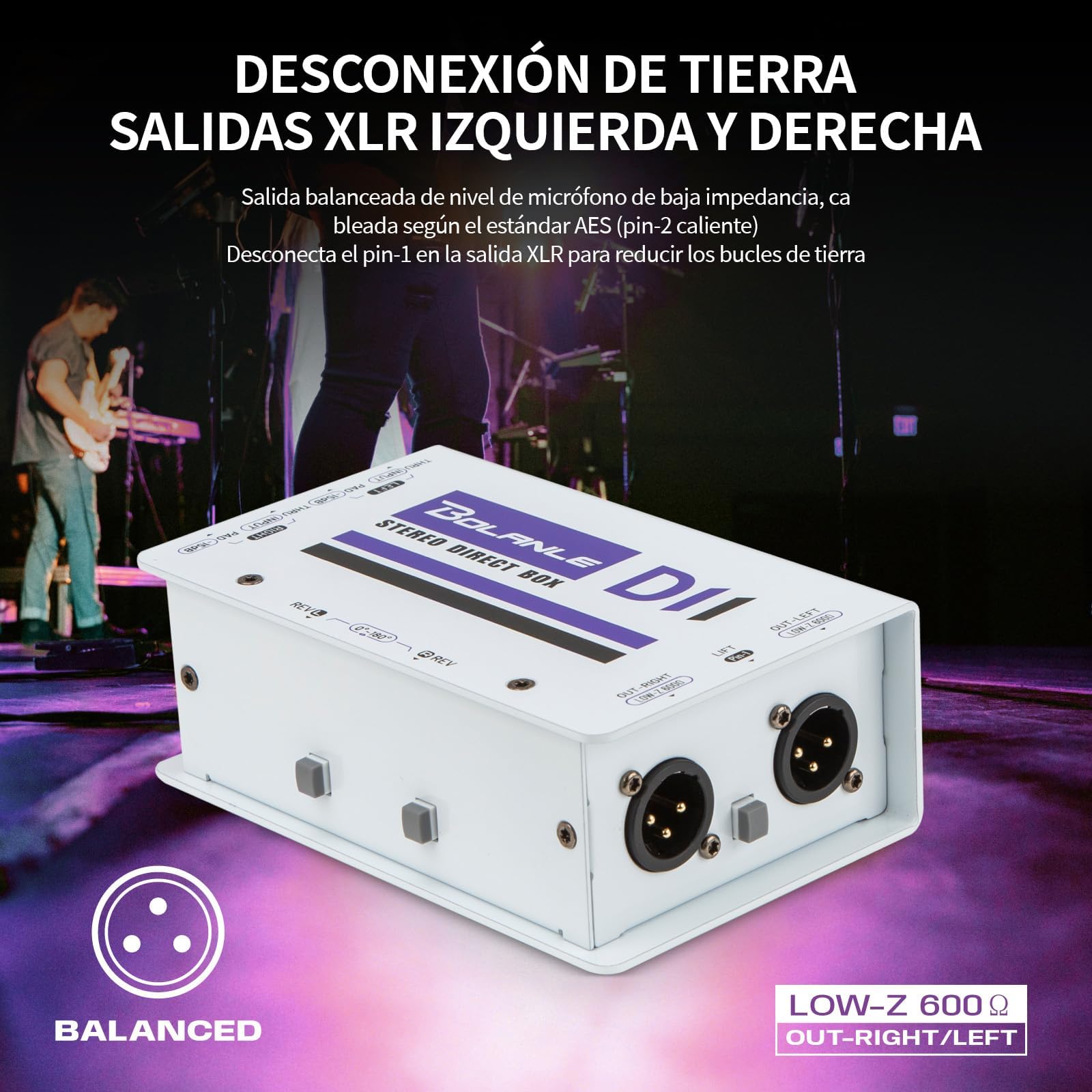 Bolanle Pro DI Stereo Passive Direct Box - 2 Channel Instrument DI Box with XLR/TRS Inputs, Balanced XLR Outputs, Ground Lift Switch, Impedance Matching for Guitar, Bass, Keyboard
