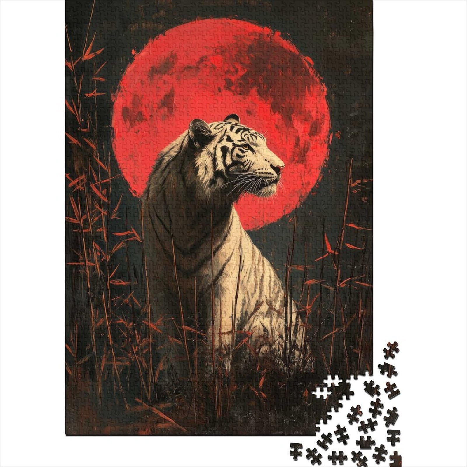 White Tiger Under Blood Moon_2 Puzzle Game 1000 Pieces, Tiger Themed Animal Jigsaw, Gift for Adults And Families, 52x38cm/1000pcs — image 1