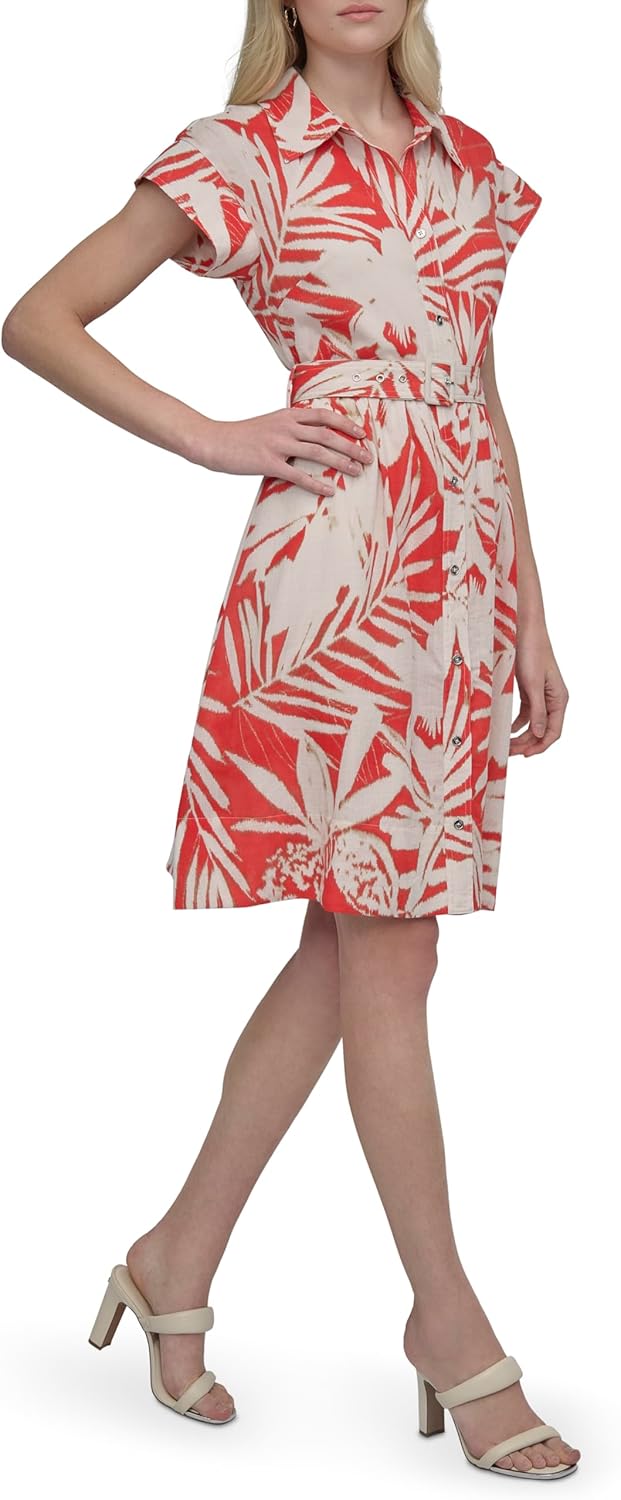 DKNY Women's Short Sleeve Collared Neck Mini Dress with Removable Belt with Grommets - Image 3