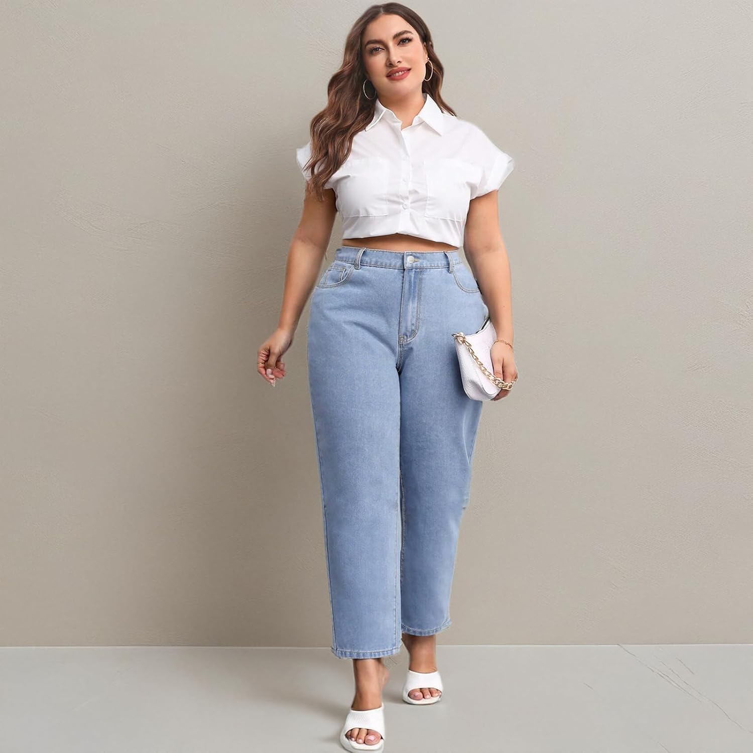 KISSPLUS Plus Size Tapered Jeans for Women High Waist Loose Women Jeans Curvy Stretchy Black and Blue Denim Pants for Women - Image 9