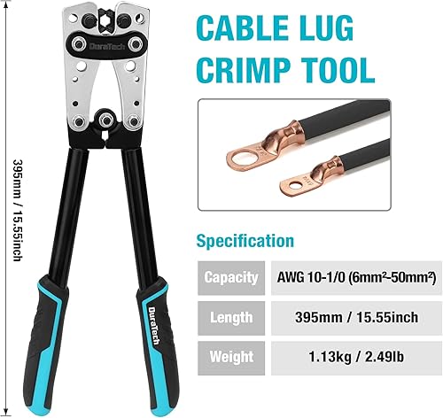 Miniatura 2 de DURATECH Herramienta de prensado de cables de batería con cortador de alambre, herramientas de crimpadora de cables AWG 10 8 6 4 2 1/0 para