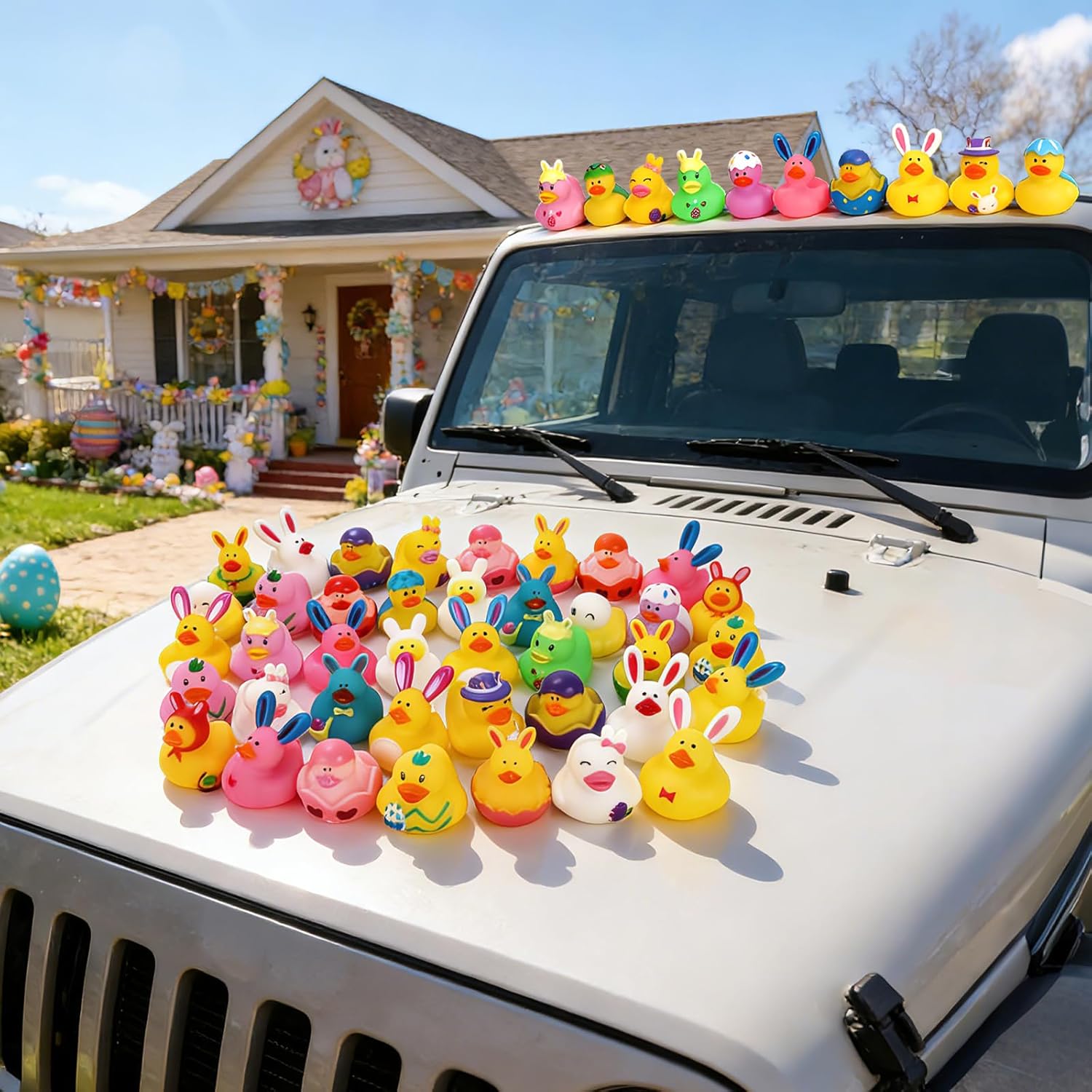 50Pcs Easter Rubber Ducks, Mini 2.1 Inch Bunny Rubber Duckies Bath Toys for Kids, Assorted Float Duck Bulk for Fun Bathtub Duck Toys Easter Ducks for Cruise and Easter Basket Stuffers and Party Favors