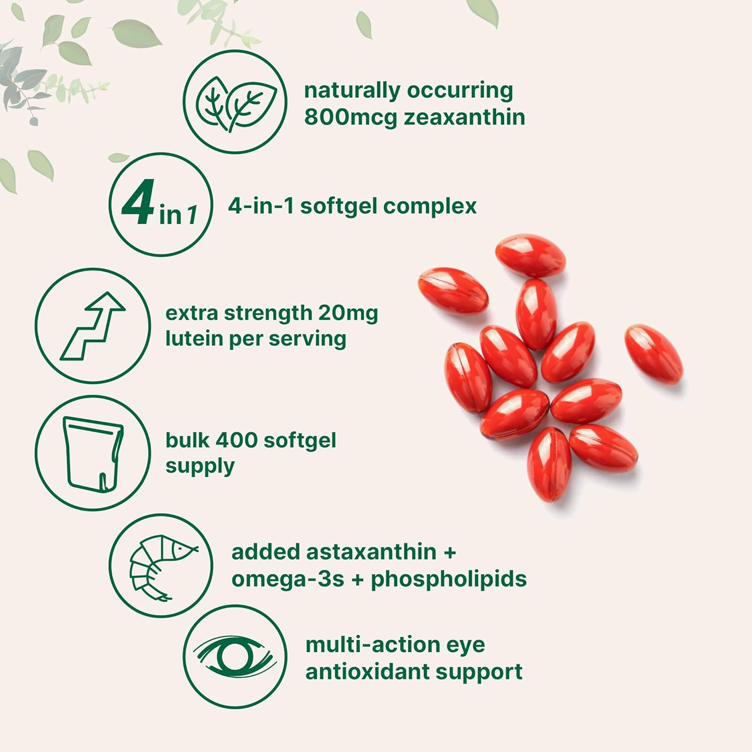 Lutein & Zeaxanthin 20mg Softgels, 400 Count, with Astaxanthin, Omega-3s, & Phospholipids | Eye + Vision Health Vitamins | Third Party Tested, Non-GMO, Gluten Free - Image 3