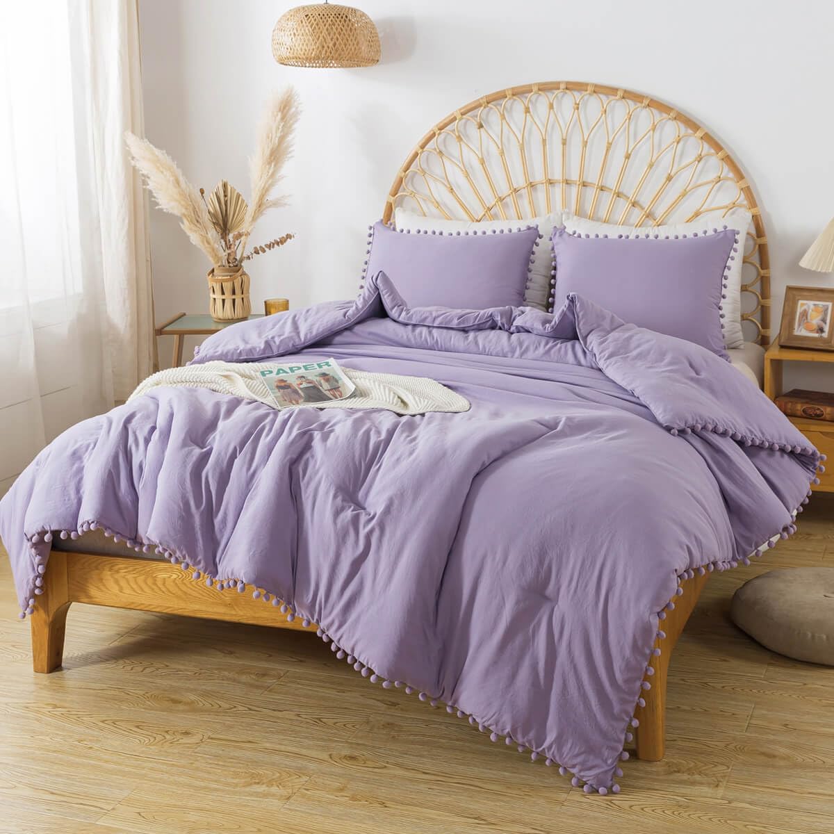 TanNicoor Pom Pom Fringe Comforter Set Full,2 Pieces (1 Lavender Purple Comforter+2 Pillowcases),All Season Boho Aesthetic Luxurious Bedding Set, Vintage Ultra Soft Microfiber Comforter Set