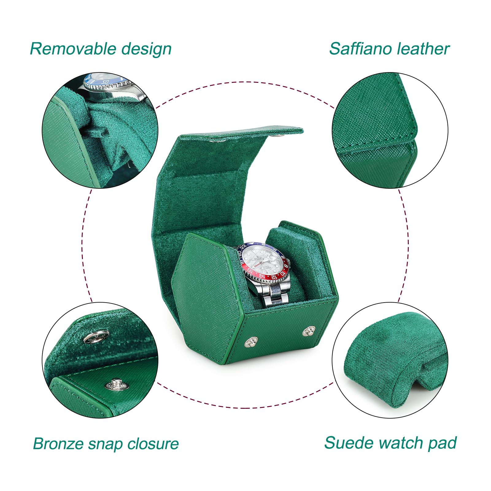 Hiram Étui de voyage en cuir Saffiano fait à la main pour montres et bracelets (vert)