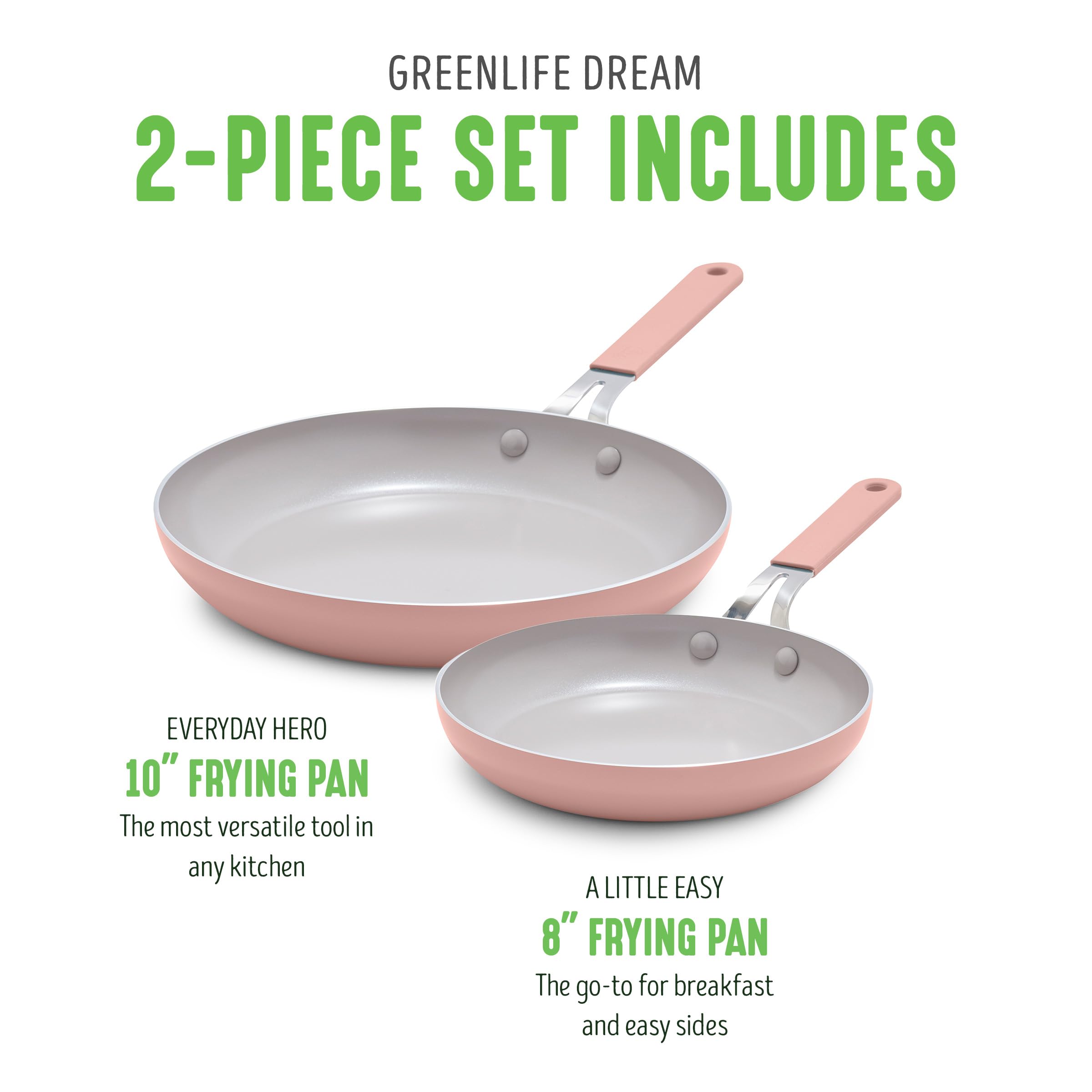 GreenLife 20,3 cm & 25,4 cm 2-teiliges Antihaft-Keramik-Bratpfannen-Set, leicht, gesund, PFAS-frei, spülmaschinen- und ofenfest, langlebiger Körper, kühlbleibende Silikongriffe, einfaches Herauslösen