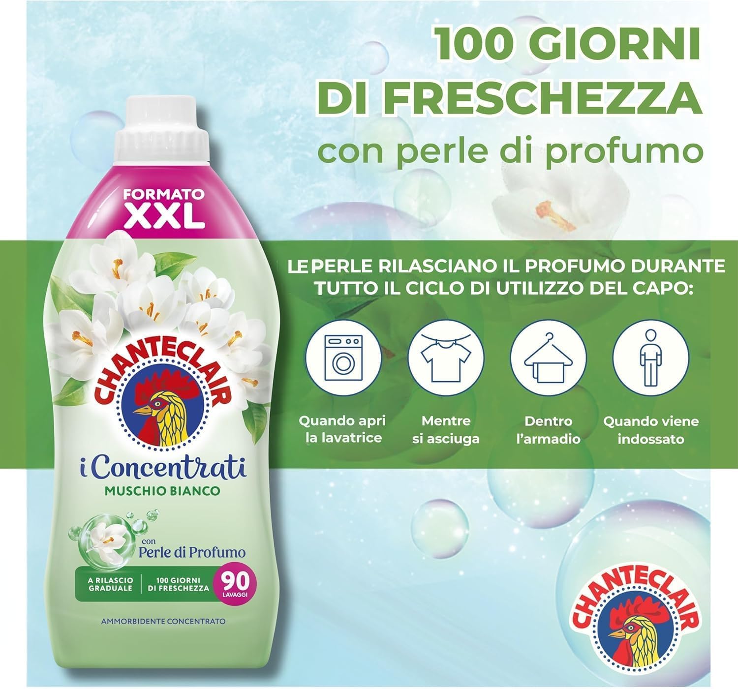 8 x Chanteclair ammorbidente concentrato muschio bianco – 90 lavaggi, 1800 ml + portachiavi Beni Culinari gratuito