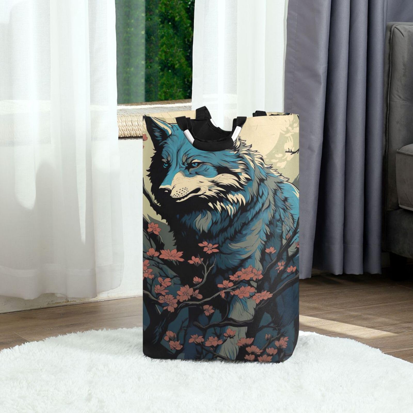 Jihqo Laundry Hamper Basket Retro Wolf Flower Collapsible Nursery Storage Bin Waterproof Clothing Baskets for Home Bedroom Bathroom Washing Room