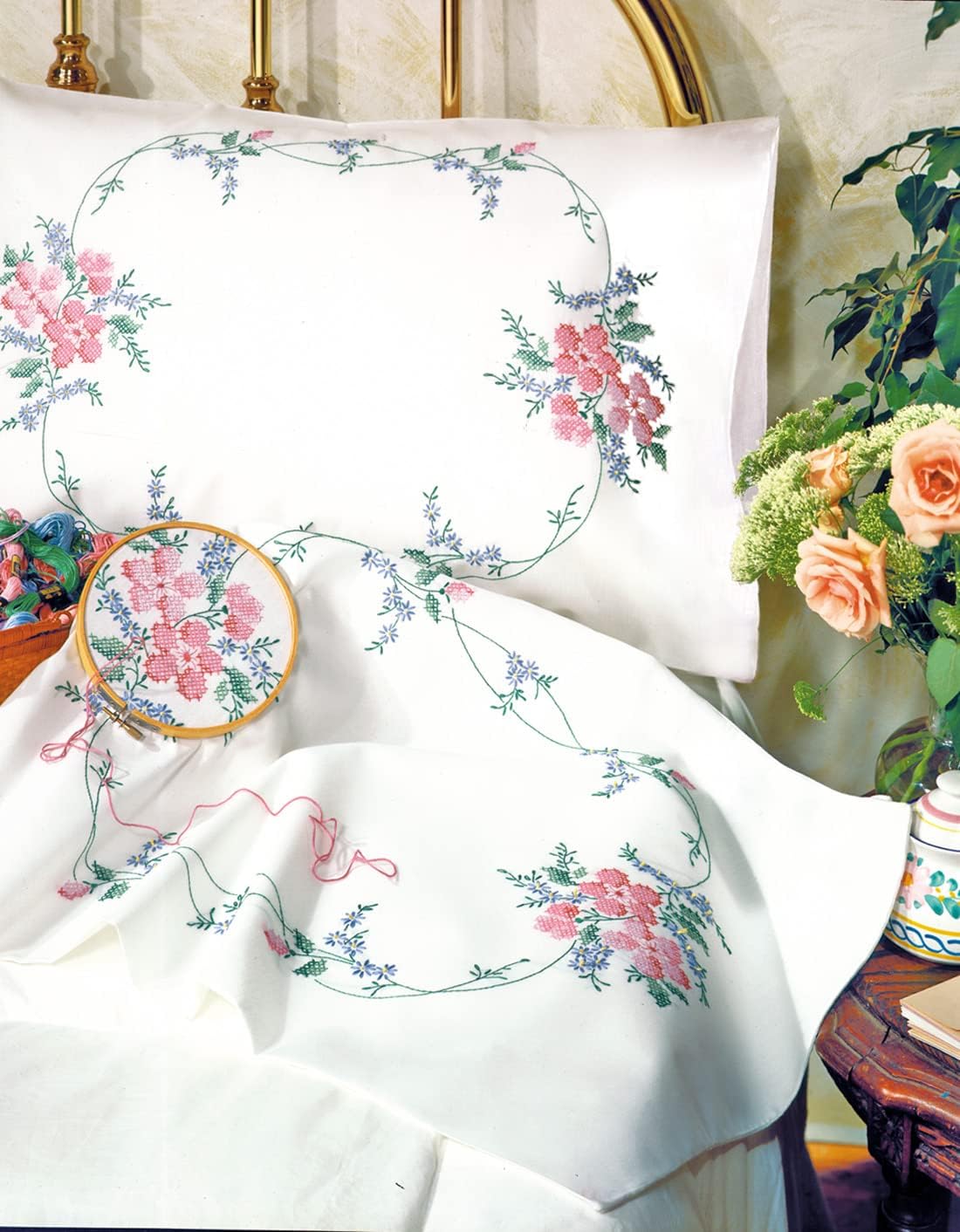 Tobin Stamped Pillowcase Pair for Embroidery, 20 by 30Inch, Wild Rose Home & Kitchen