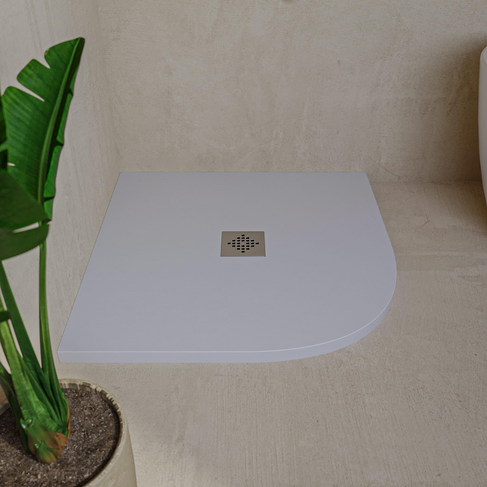 Soulhome Plato de Ducha Semicircular 70x70 Blanco - Rejilla Inox | Antideslizante C3, Extraplano, Resina y carga mineral, Textura Liso Piedra, Antibacteriano, Gel-coat, Incluye válvula desagüe