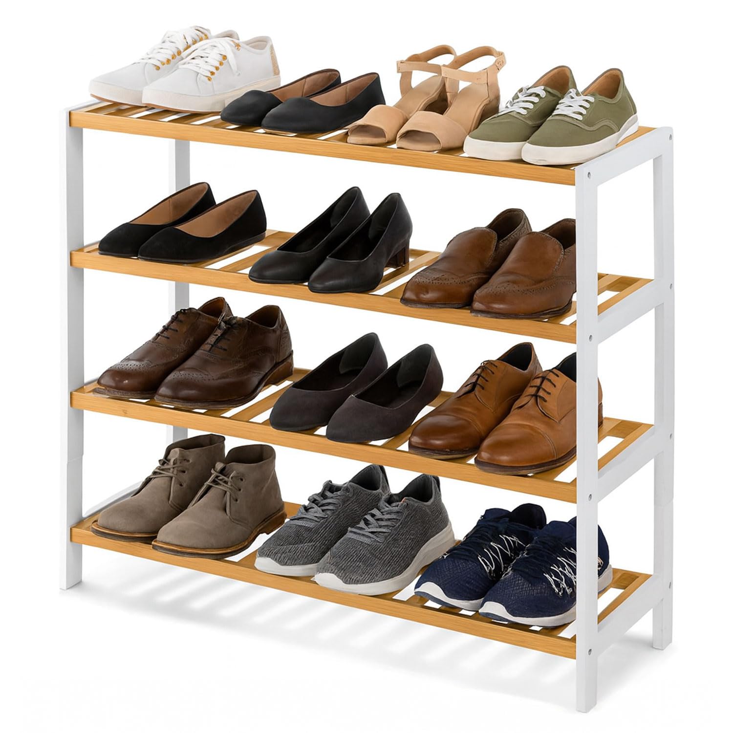 Neo 4-Tier Bamboo Shoe Rack Wooden Shoe Storage Organiser Shelf for Hallway, Entrance Living Room 67 x 70 x 25cm (White/Natural)