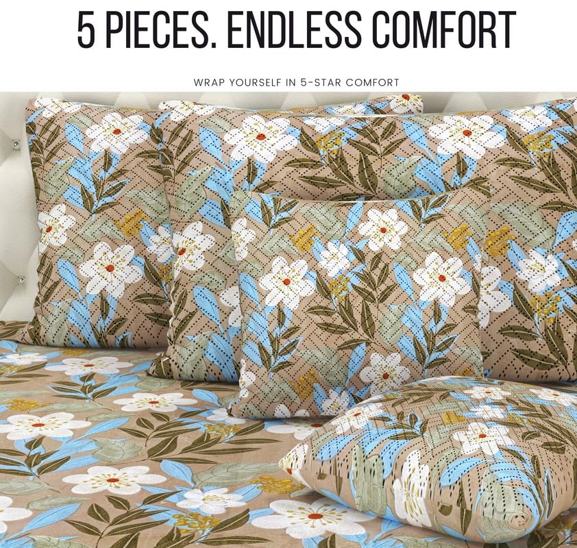 Image of HOMEKART 220 TC Glace Cotton 5 Pc Bedding Set- 1 Double Bedsheet, 2 Quilted Cushion Covers with Zip & 2 Pillow Covers- Soft, Durable & Luxury Feel, 90x100 in -Beige