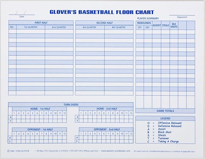 Glover's Scorebooks Basketball Floor Chart (8.5 x 11