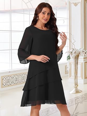 Seta T Women's Chiffon Dresses 3/4 Bell Sleeve Crewneck Tiered Layered Flowy Dress Party Wedding Outfits
