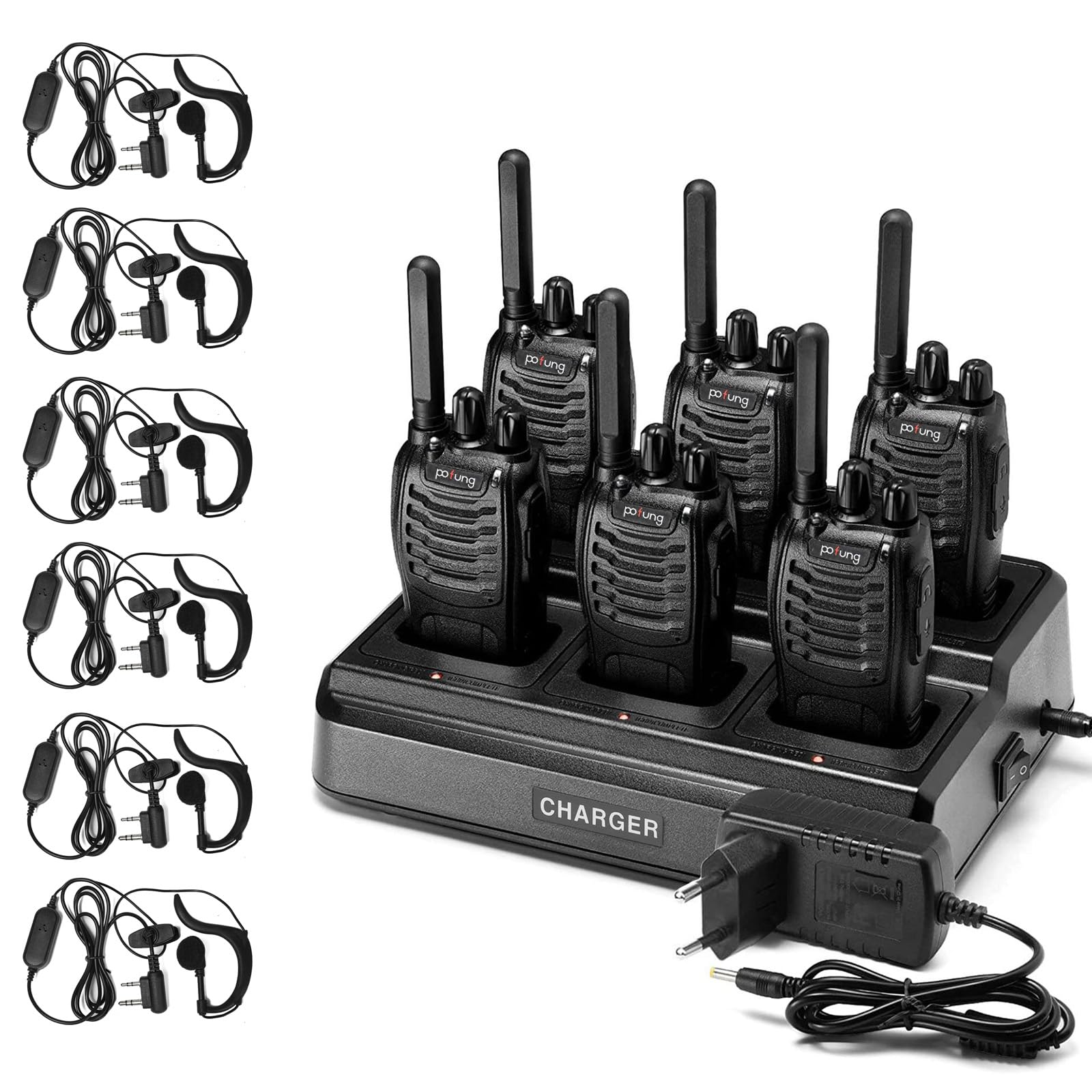PT88E Talkie Walkie Professionnel, Chargeur à 6 Voies, PMR446 VOX Longue Portée Talkie Walkie pour Restaurant Hôtel Hospitalité École (6 pièces, Oreillette)