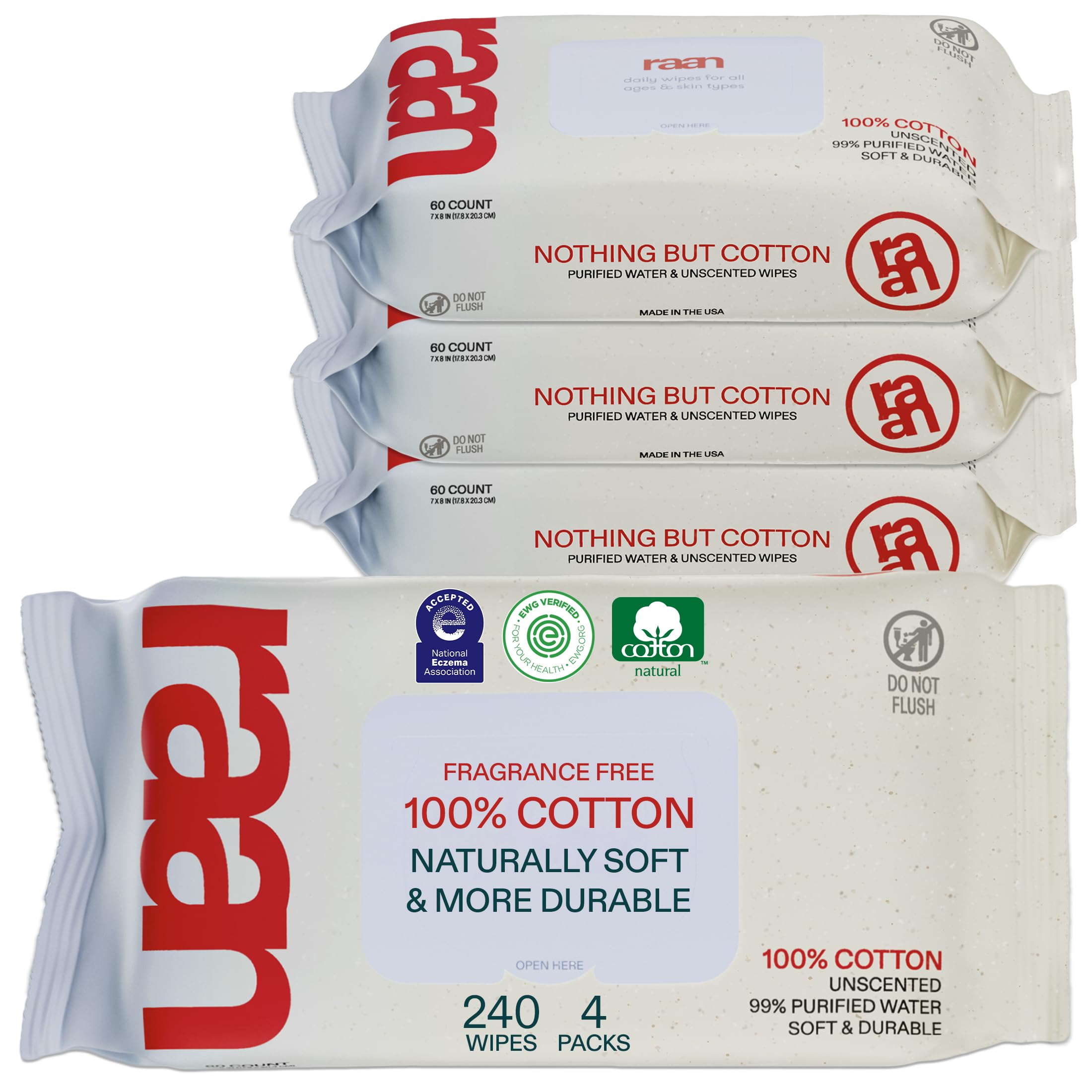 Raan, 100% Cotton Baby Wipes, Unbleached, 99% Purified Water, Unscented, EWG verified, For Extra Sensitive Skin, Naturally Soft and Durable, 4 pack,