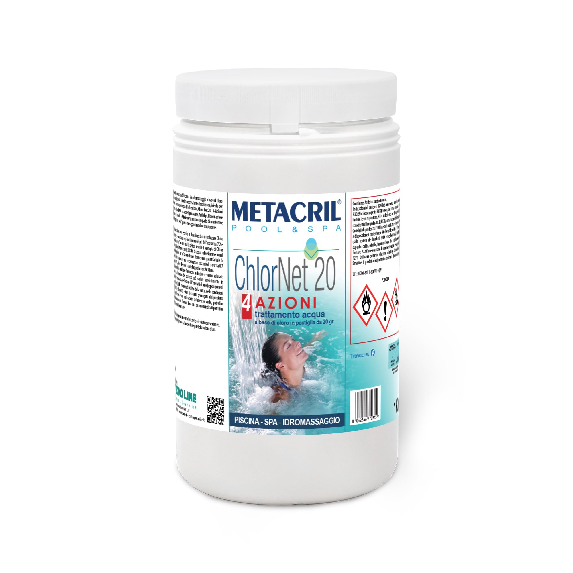 Metacril Chlor Net 20 4 Actions + Distributeur Flottant avec Thermomètre, Chlore Multi-Action, en tablettes de 20 g, pour Piscine et Spa - 1 KG