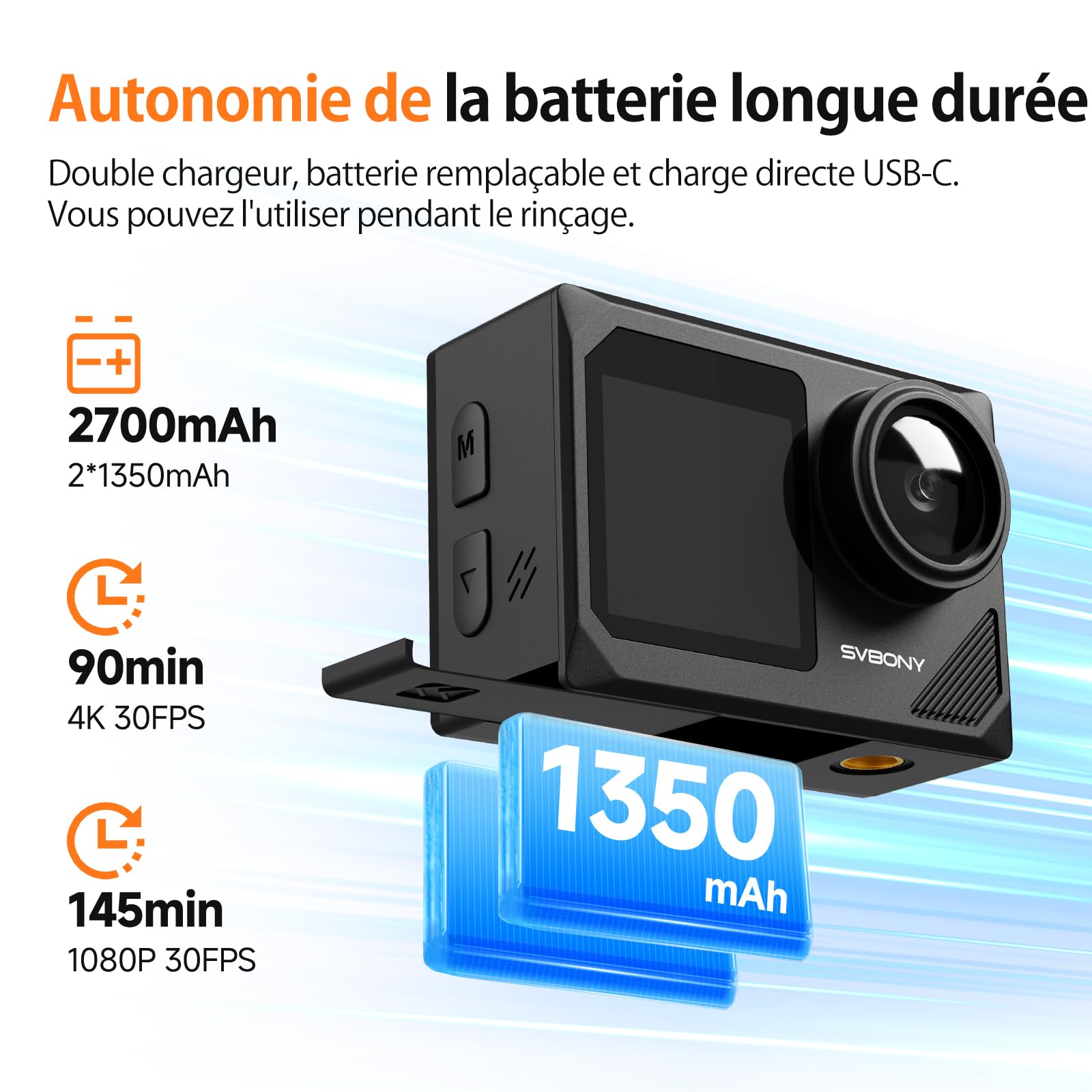 SVBONY SVGo2 Caméra sous-Marine 4K 30FPS avec EIS 30m Étanche Écran Tactile Double Écran WiFi 2.4G Kit Plongée