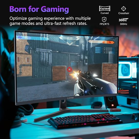 Z-Edge 27 inch Curved Gaming Monitor, FHD 1080P 300Hz 240Hz PC Monitor, Ultra-Fast MPRT 1ms Curved Monitor, 1500R, 16.7M Colors, UG27H Frameless Bezel, 2X DP 1.4 Ports and 2X HDMI 2.0 Ports