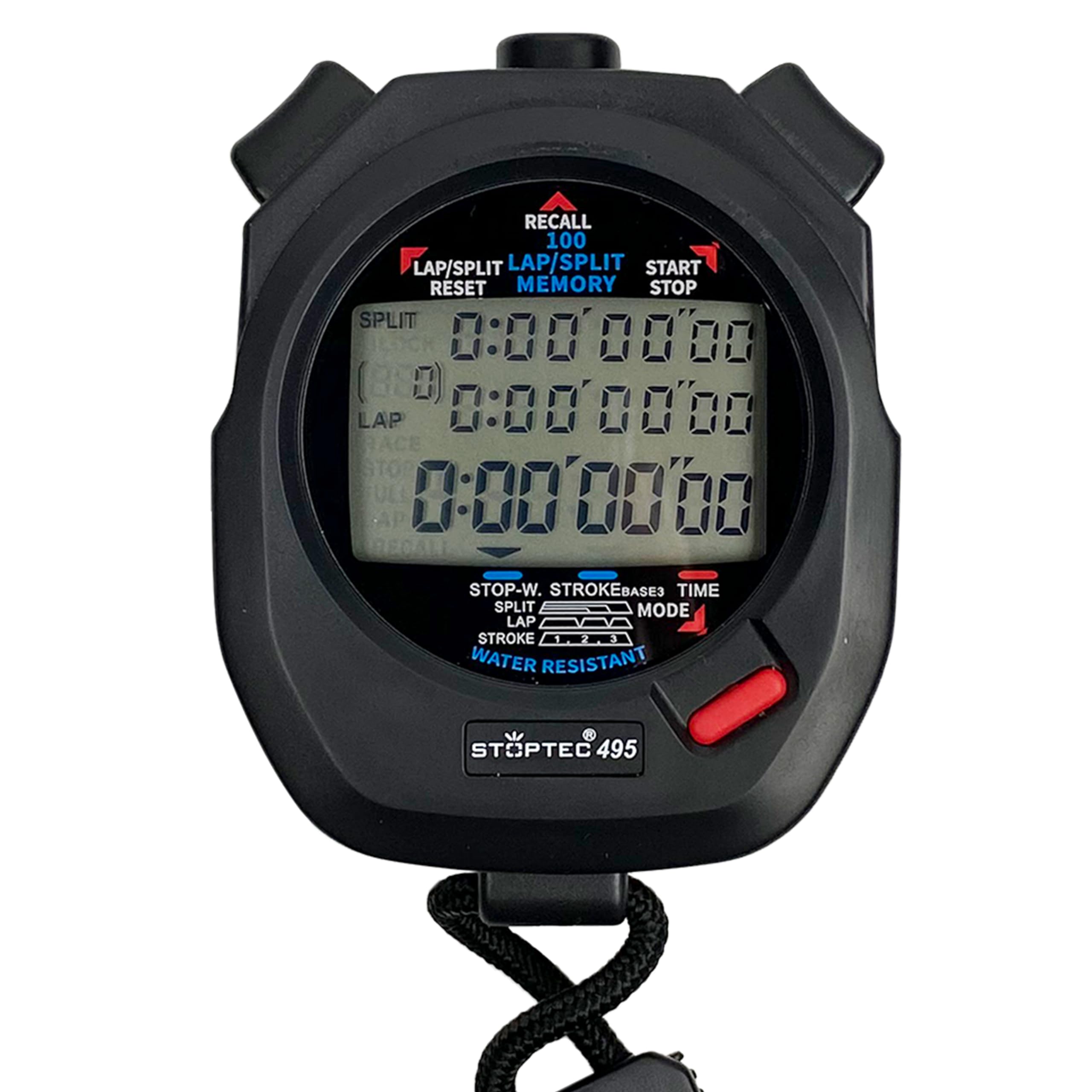 Stoptec Cronometro 495 | Display a 3 righe | 100 Memoria | Misurazione della frequenza della corsa | Ora e data | Antispruzzo | Facile sostituzione della batteria