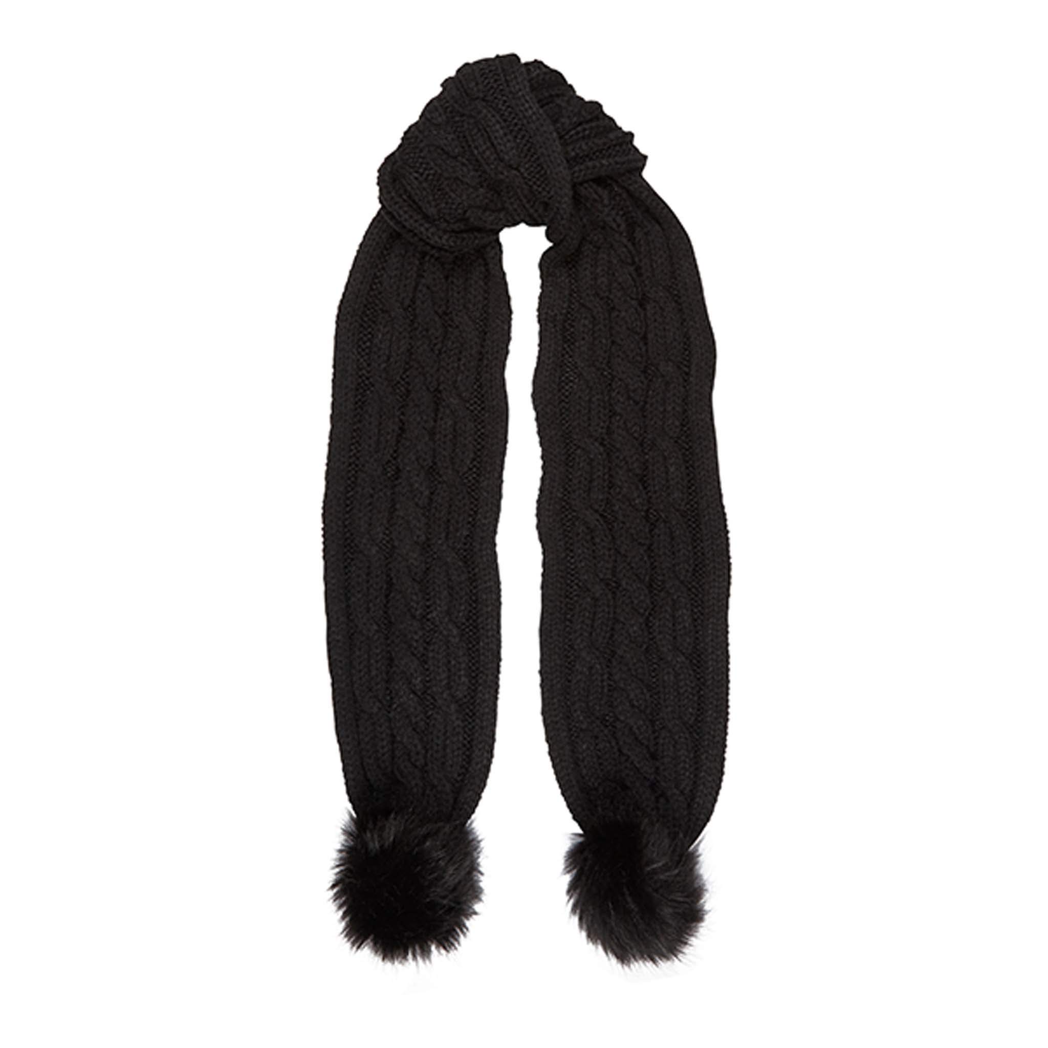 Aran Traditions Large Cable Knit Style Faux Fur PomPom Scarf (Black)