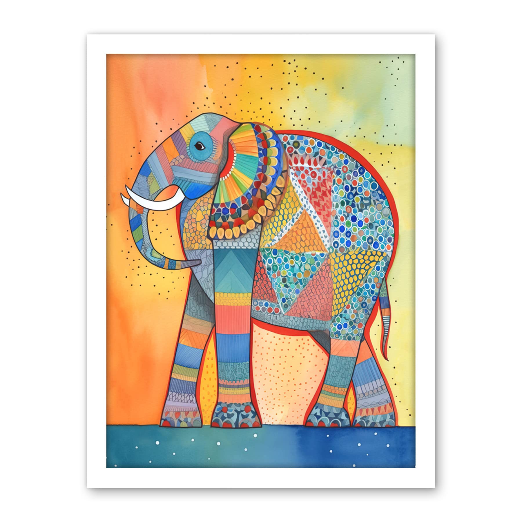 Artery8 Elephant With Geometric Patterns Folk Art Watercolour Painting Artwork Framed Wall Art Print 18X24 Inch