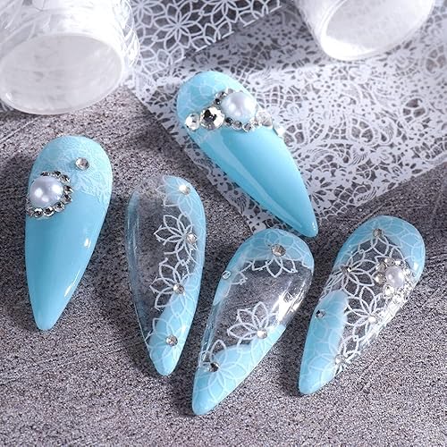 Miniatura 4 de Calcomanías de transferencia de papel de aluminio de encaje para decoración de uñas, calcomanías de transferencia de flores blancas y negras,