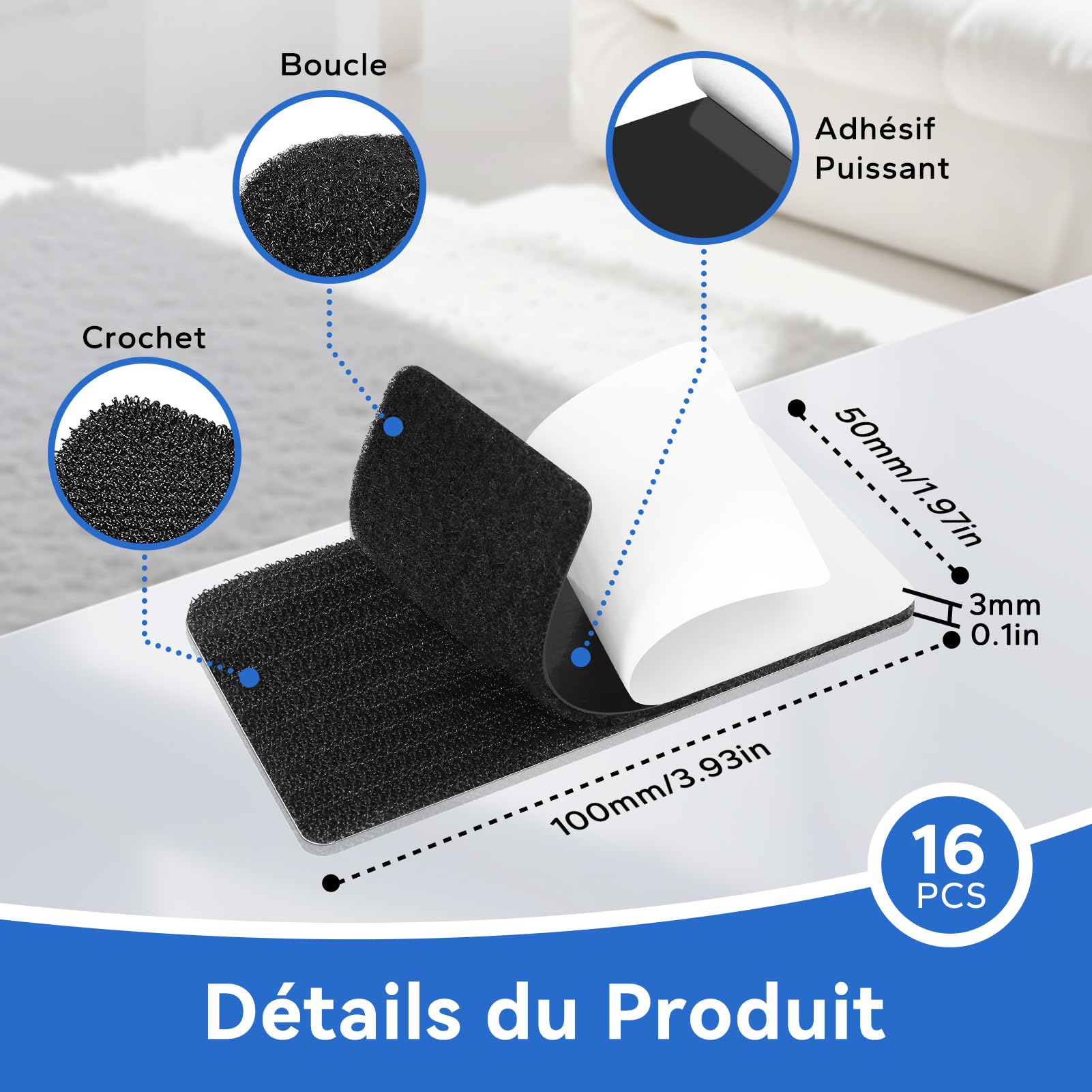 20 Bandes Scratch Autocollantes Double Face 50x100 Mm - Adhésif Puissant Nylon/polyester, Pour Ménage, DIY, Rangement