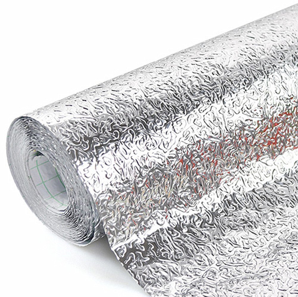 YZM Kitchen Backsplash Wallpaper Stickers,Oil Proof Waterproof Sticker Aluminum Foil Kitchen Stove Cabinet Stickers Self Adhesive Wallpapers. (Orange Peel Texture Silvery, 24"×118"(60cm300cm))