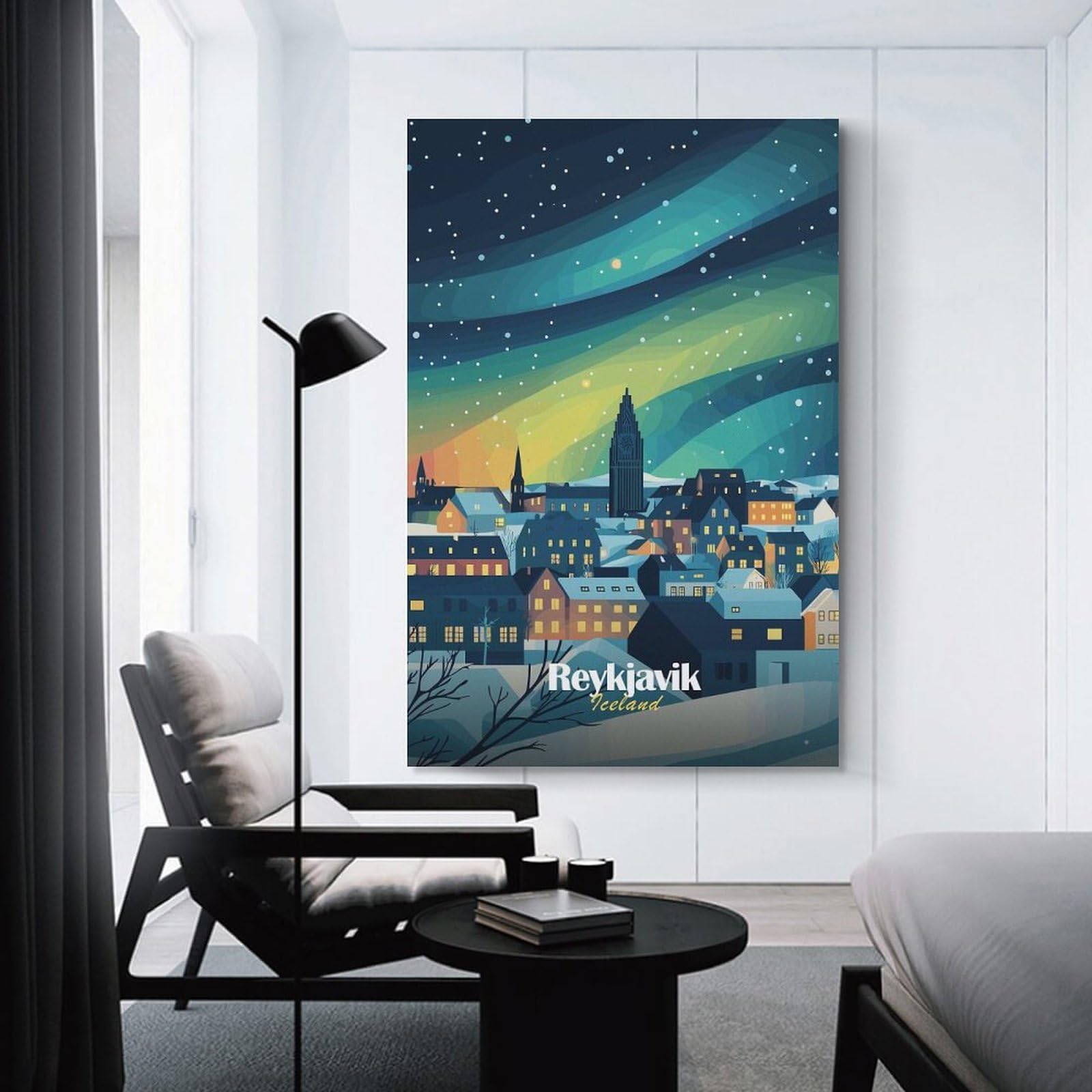 Junmoney Reykjavik Northern Lights Wall Art Print, 08x12inch(20x30cm), for Study, Office Or Focused Interiors, Home Office Artwork with Decorative Appeal