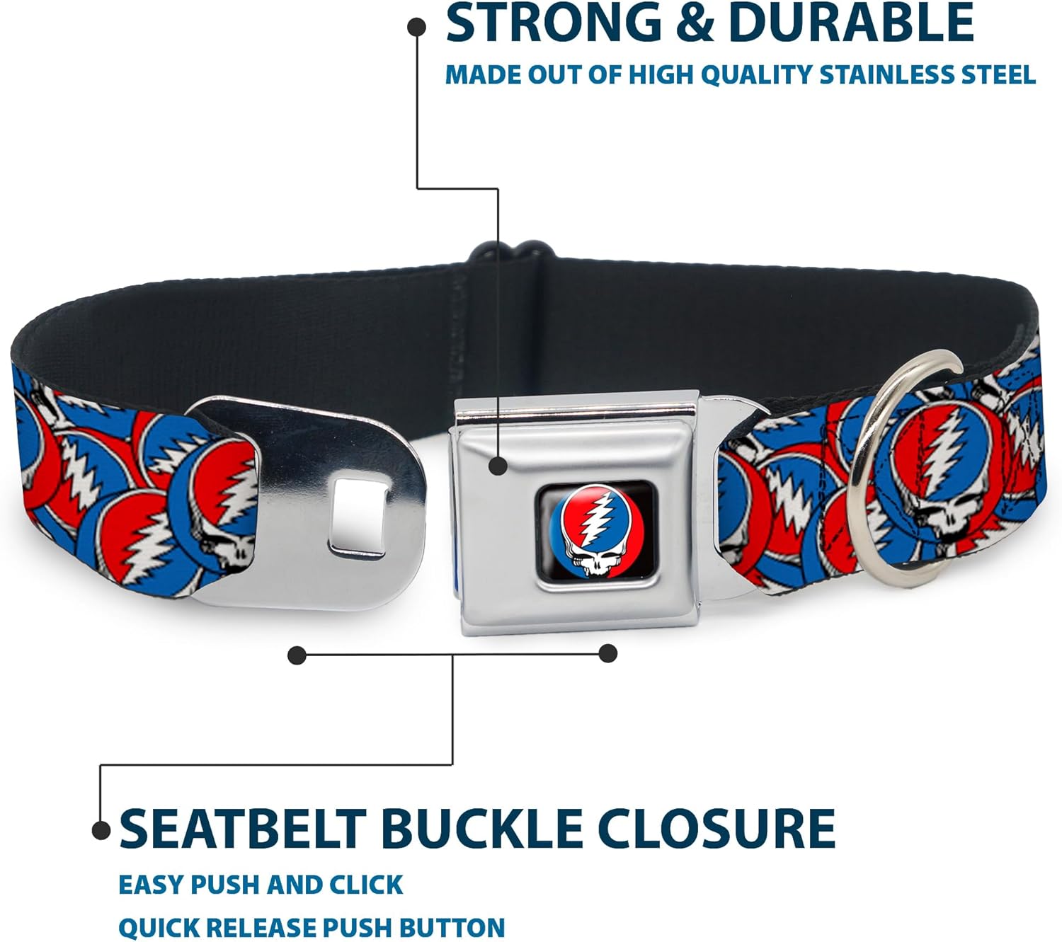 Grateful Dead Easy Adjustable Metal Seatbelt Buckle Quick Release Dog Collar, Steal Your Face Logo Stacked Red White Blue, 15 to 24 Inches 1.0 Inch Wide