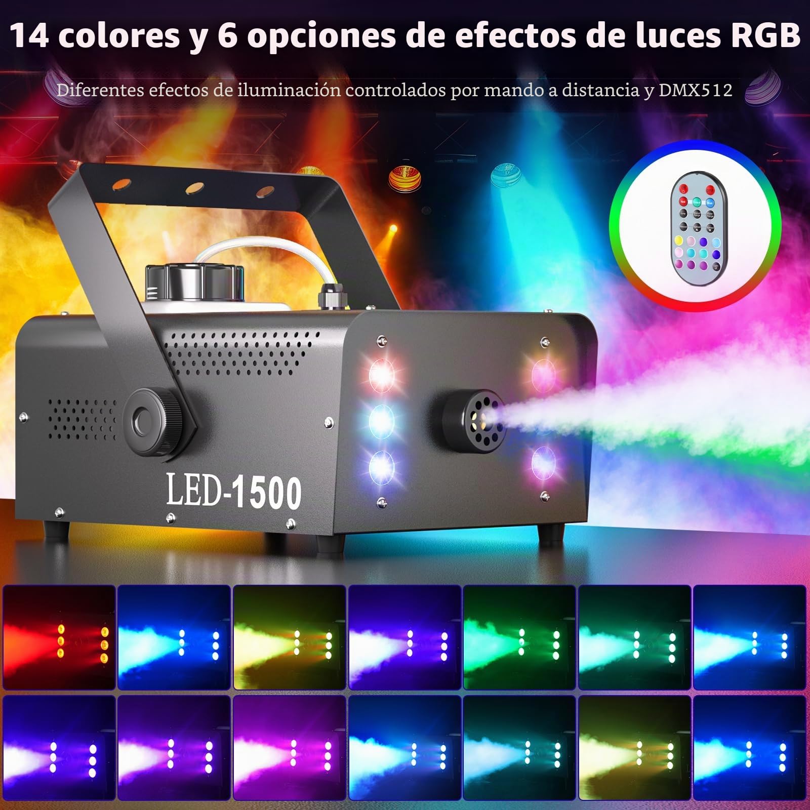 Máquina de Humo para Escenario de 1500W, Máquina de Niebla con 6 LED RGB y Control Remoto Tanque de 1L Proyección de Niebla de 5M Ciclo Automático para Fiesta Halloween Navidad Boda y Club