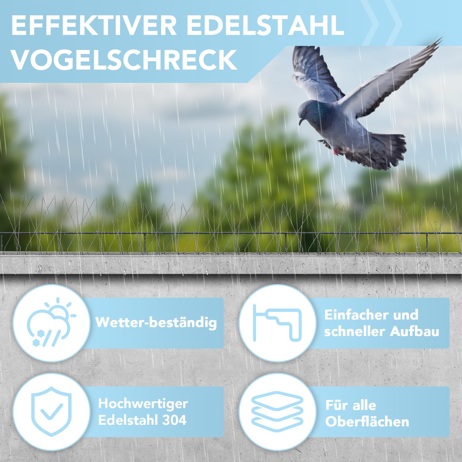 Taubenabwehr Spikes (6,6m/20-teilig) für Dach, Balkon, Fenster - Effektiver Edelstahl Vogelschreck mit robusten und verstellbaren Spikes - Vogelabwehr Spikes gegen Kotplätze und nistende Vögel