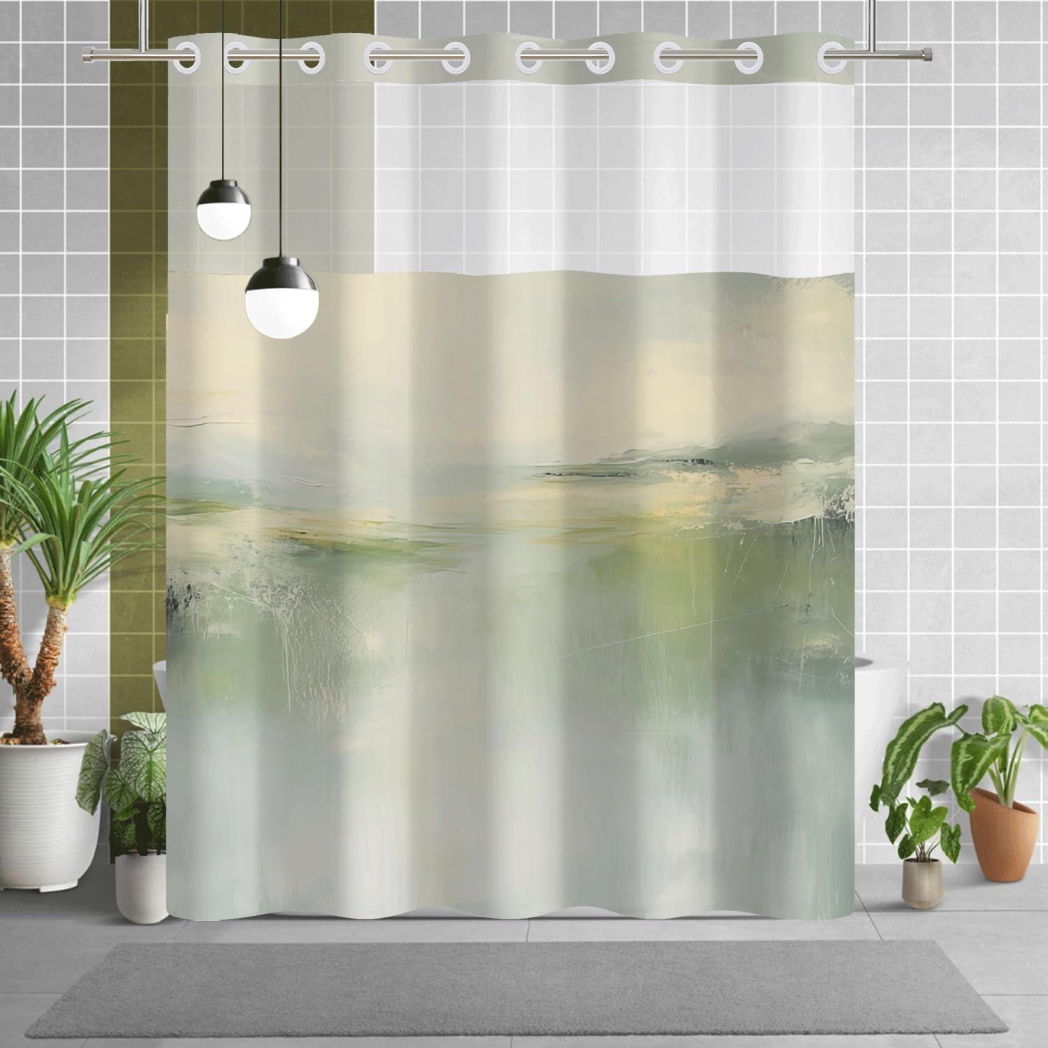 No Hook Shower Curtain with Snap in Liner, Sage Green Abstract Landscape Art Print – Mesh Top & Waterproof Fabric Bath Curtain for Modern Neutral Style Bathroom Decor, 71W x 74L