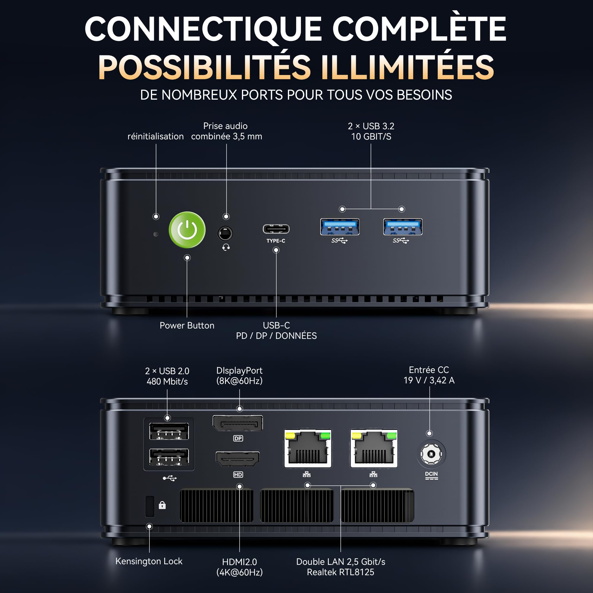 GMKtec Mini PC M5 S, mini PC AMD Ryzen 5400U, 16 Go de RAM DDR4 (double canaux), 512 Go SSD | pour bureau et maison, double LAN 2,5 Gbit/s, WiFi 6E, triple écran, USB‑C, HDMI 2.0, DisplayPort