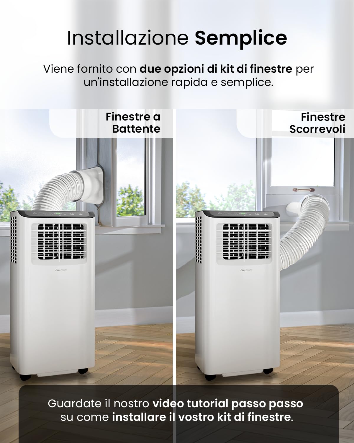 Pro Breeze Condizionatore portatile 9000 BTU 4 in 1. Con telecomando, timer 24 ore e kit di ventilazione per finestre inclusi. Con classe A di efficienza energetica