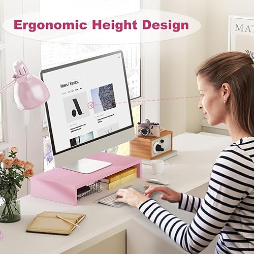 Miniatura 3 de TEAMIX Elevador de monitor rosa de 20 pulgadas, soporte de monitor de madera para escritorio, resistente elevador de