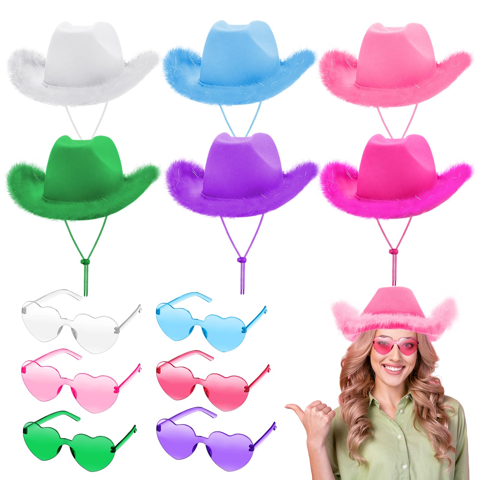 Haysandy 12 Pcs Holographic Space Cowgirl Hat with Rimless Sunglasses Neon Sparkly Cowboy Hat and Heart Sunglasses for Women (Multiple Colors,Feather)