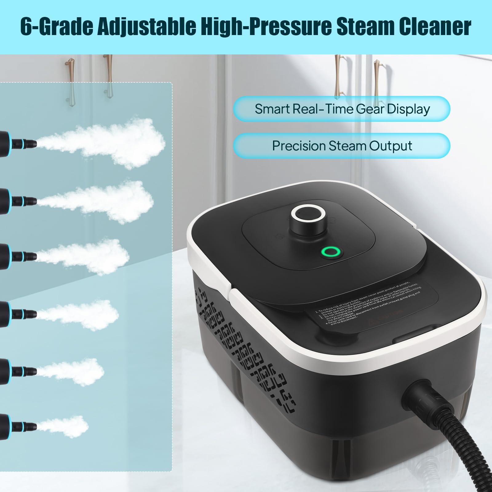 Pulitore a vapore manuale da 2500 W, 4,5 bar ad alta pressione e 15 s, serbatoio dell'acqua da 1250 ml, 9 accessori per cucina (piano cottura in ceramica), auto, pavimento, finestra, barbecue