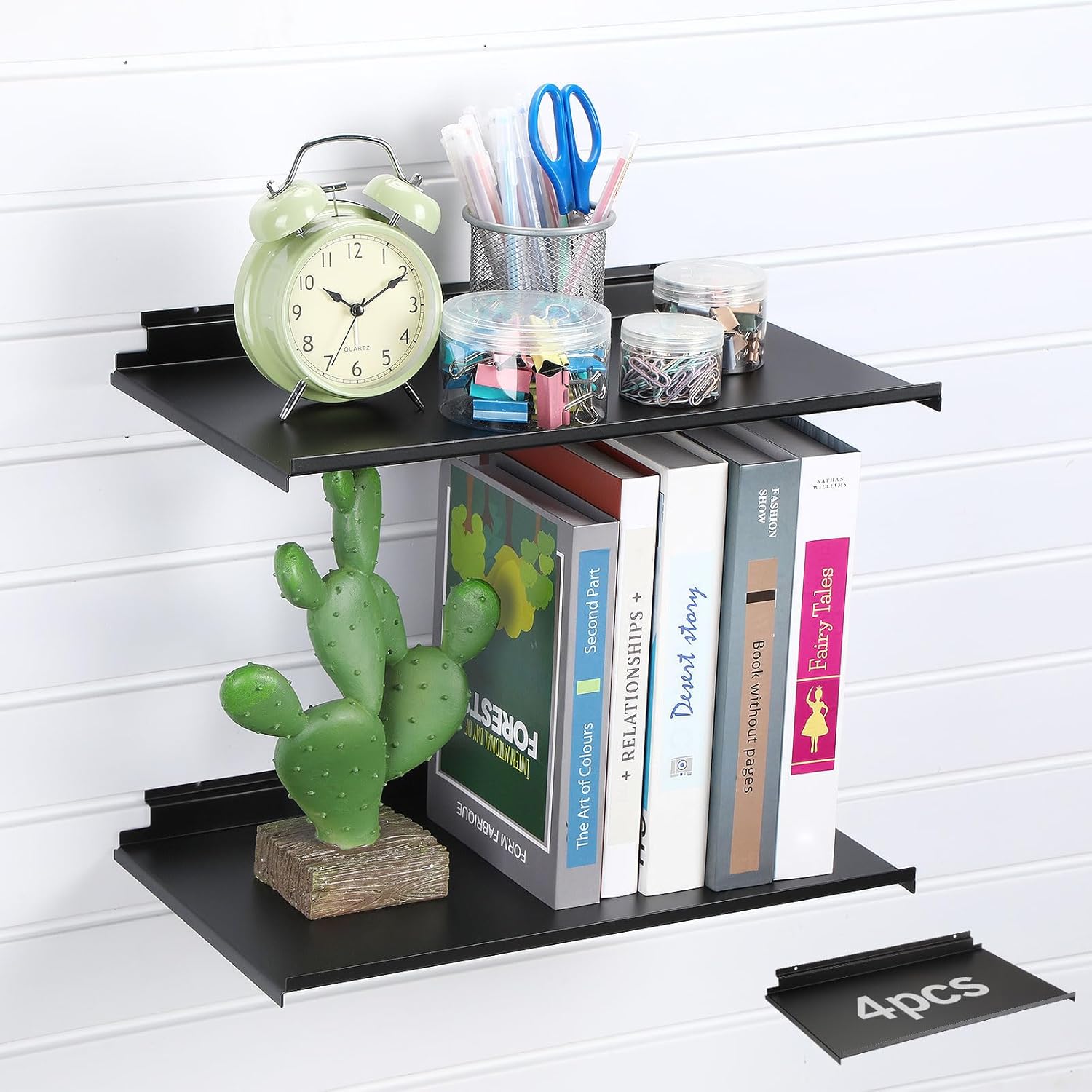 Shimeyao 4 Pack 17x10 Inch Large Slatwall Shelves Metal Slat Wall Shelves Accessories Black Flat Retail Display for Storage and Organization