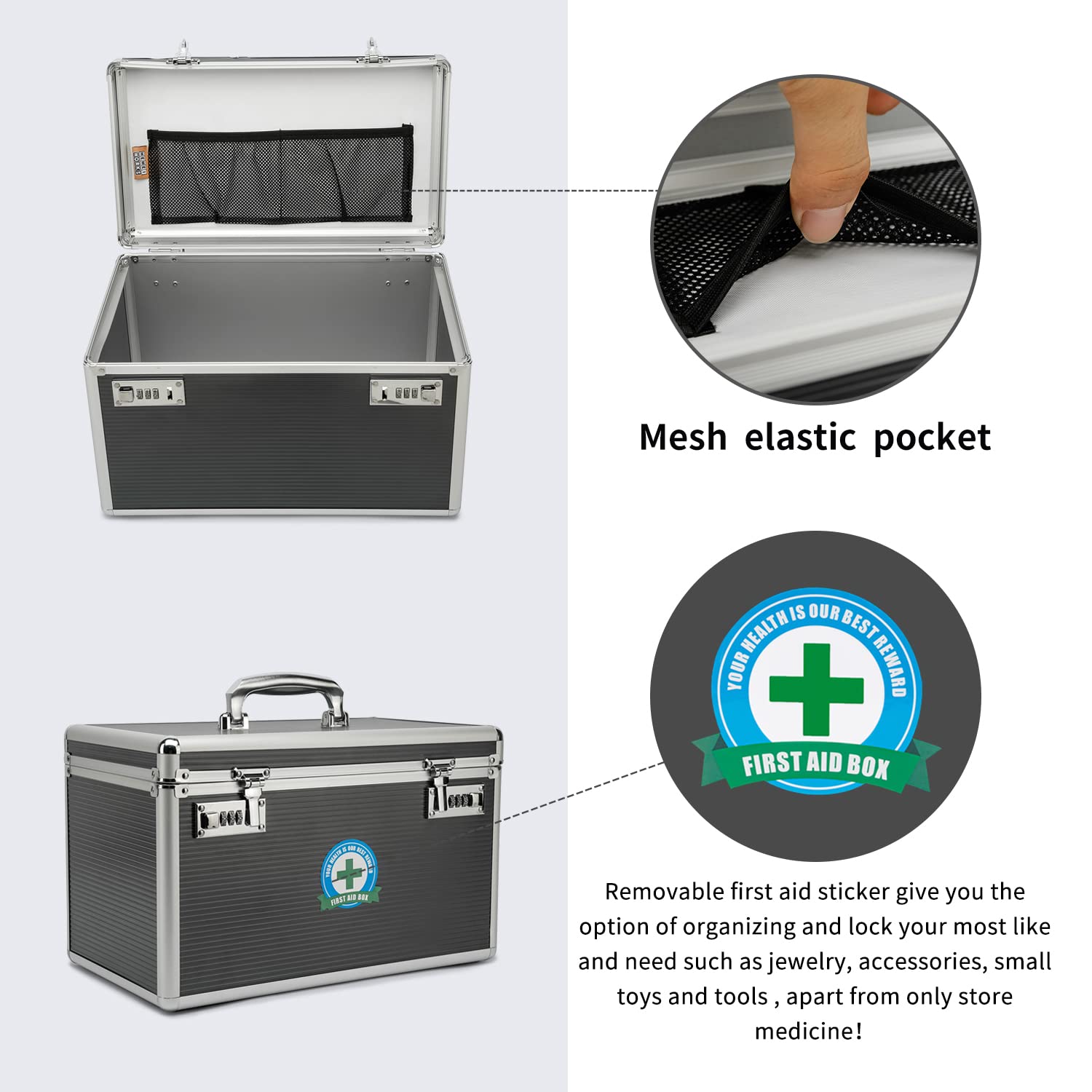 Caja de medicamentos con armario de cerradura de combinación, adecuada para el almacenamiento de farmacia y objetos personales importantes, contiene un pastillero de plástico (gris,