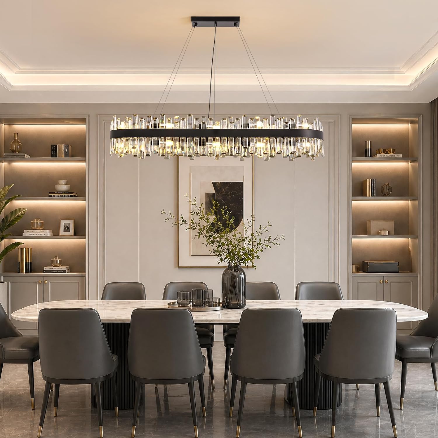 CROSSIO Large Rectangular Crystal Chandelier for Dining Room, 20-Light Modern 2-Tiers Oval Flush Mount Pendant Ceiling Light Fixture for Living Room Kitchen Island Bar 52 Inches