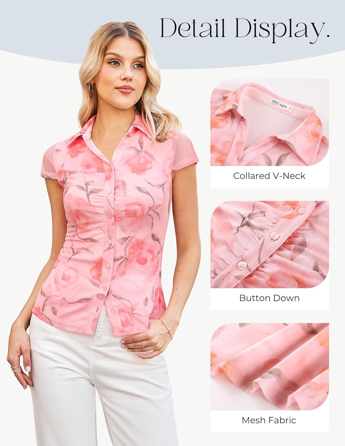 GRACE KARIN Women Mesh Boho Tops Dressy Casual, Short Sleeve Button Down Collared Shirts, 2026 Summer Fashion Floral Blouses - Image 4