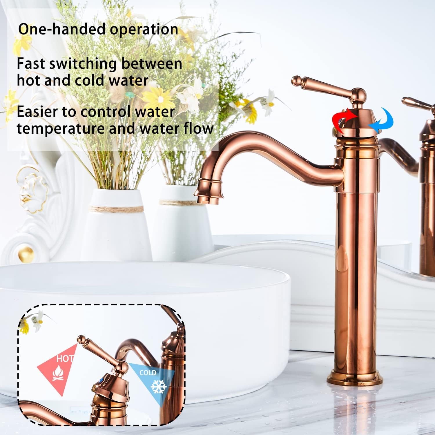 GGStudy Tall Body Single Handle One Hole Bathroom Vessel Sink Faucets Copper Finish with Pop Up Drian Without Overflow - Image 3