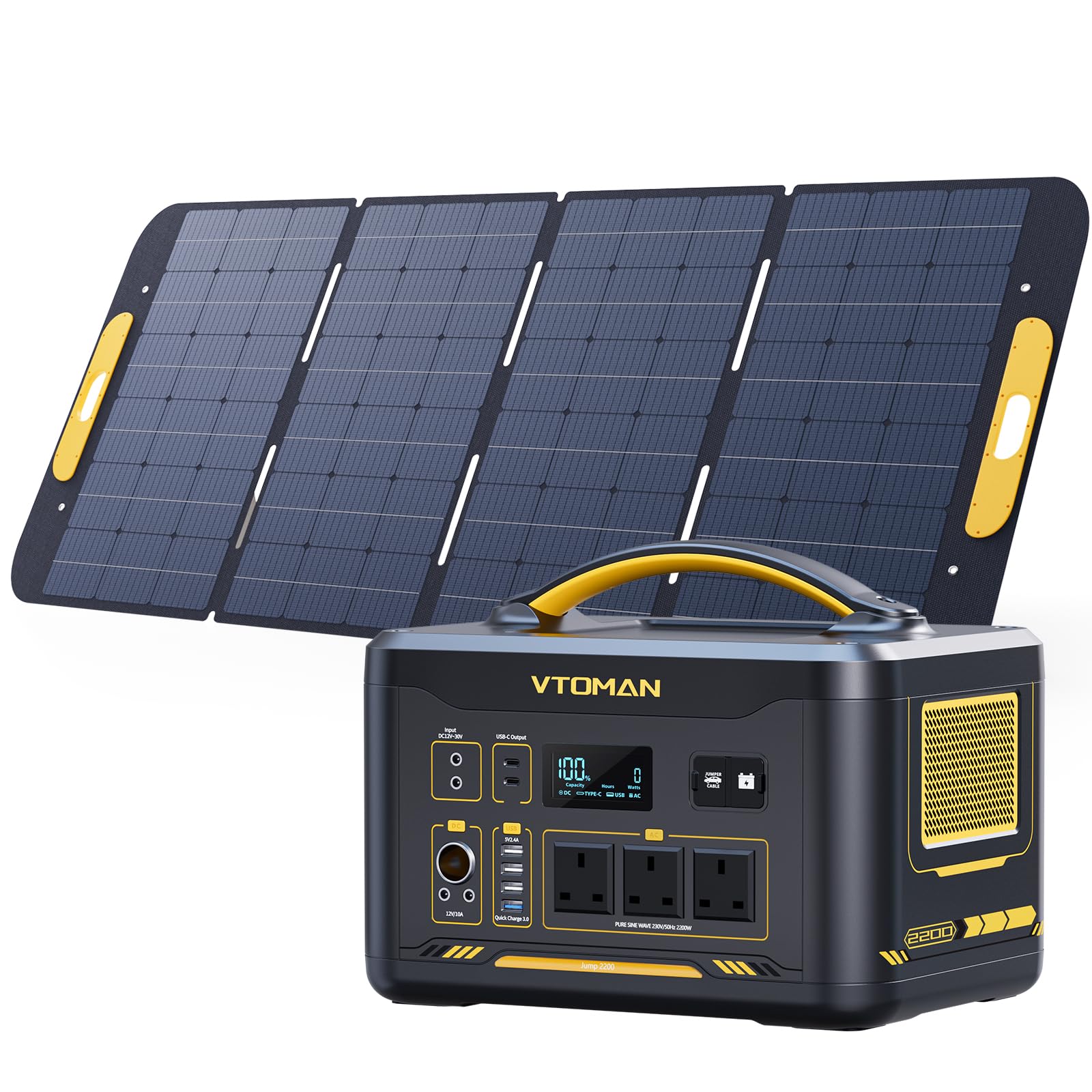 VTOMAN Jump 2200 Portable Power Station with 1*400W Solar Panel - 2200W/1548Wh LiFePO4 Battery Powered Solar Power Generator, 2200W Constant-Power, Regulated 12V DC, PD 100W Type-C for Camping, Travel