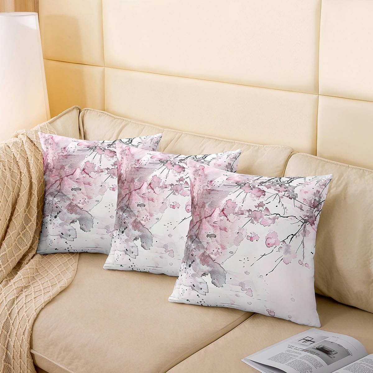 Feelyou Pink Pillow Case Cushion Cover Abstract Art Throw Pillow Covers 22"x22" Set of 2 for Boys Girls Decor Branches Print Decorative Throw Pillowcase for Sofa Pink Grey Cushion Case