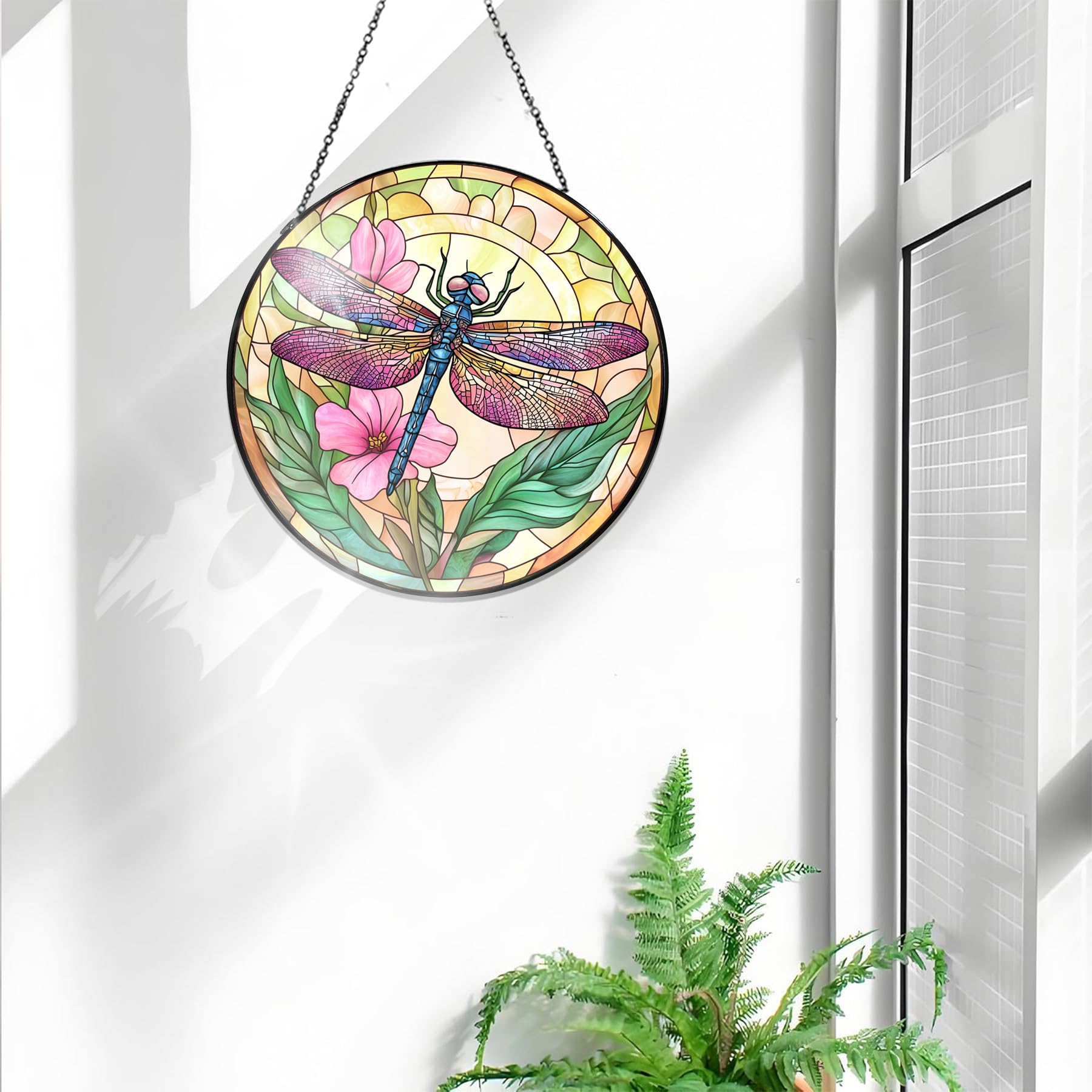 Bimkole Dragonfly Stained Glass Suncatcher Window Hanging, Flowers Design for Indoor Window or Doorway Decoration - Image 3