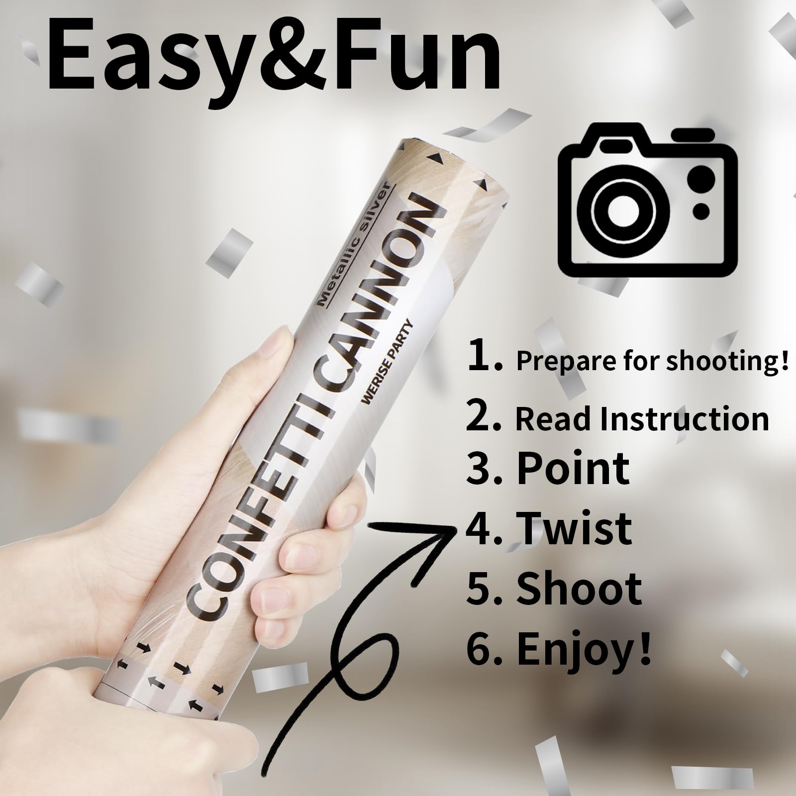Silberne Konfetti-Popper-Kanone, 6 Stück, WERISE Party Mylar-Silber-Konfetti-Shooter für Hochzeit, Geburtstag, Abschlussfeier, Neujahr und Feier, 30,5 cm