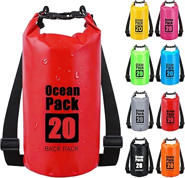 RONGZUBAT 20L Large Waterproof Dry Bag with Shoulder Strap, Roll Top Dry Sack for Camping Gear, Waterproof Bag for Boating, Kayaking, Fishing, Paddle Boarding, Beach, Swimming and Travel - Red