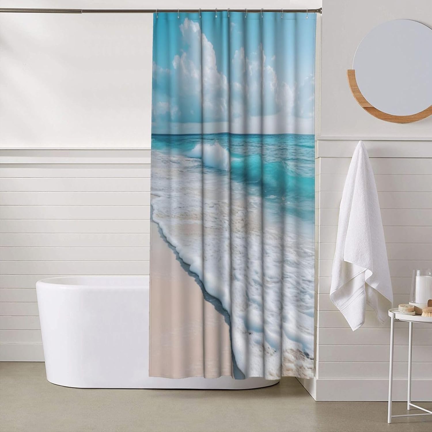 Shower Curtain Beach Wavy Ocean Waterproof Fabric Stylish Durable Bathroom Decor,Quick-Dry,60x72inches,Includes 12 Iron Hooks